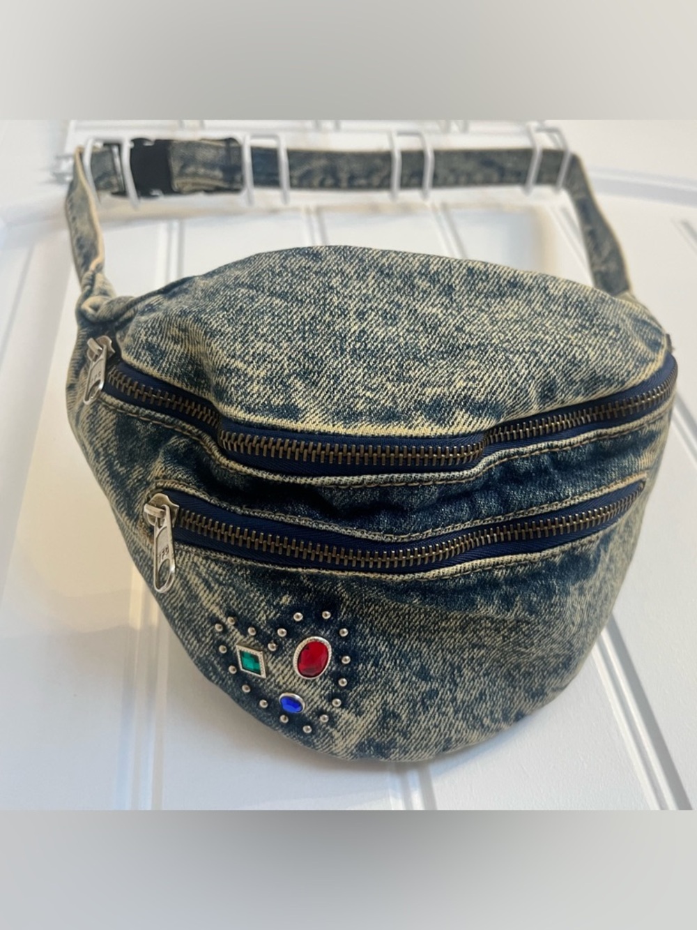Vintage Denim Jewel-Accent Belt Bag